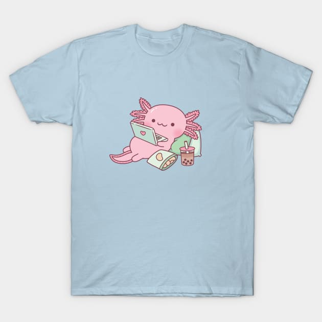 Cute Axolotl Chilling with Laptop And Snacks T-Shirt by rustydoodle